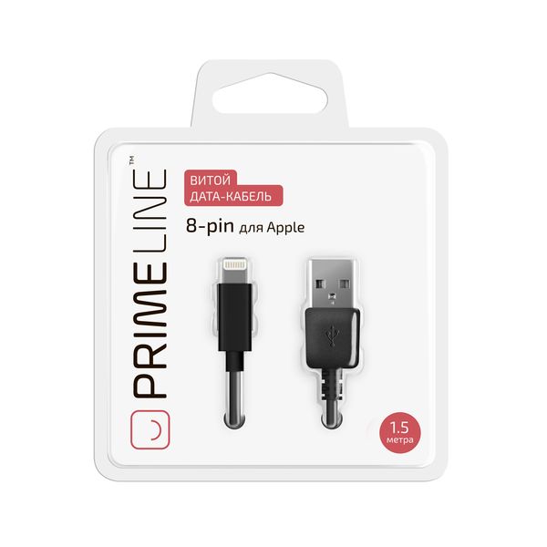 Кабель USB - 8-pin Prime Line, 1.5 м, витой, чёрный