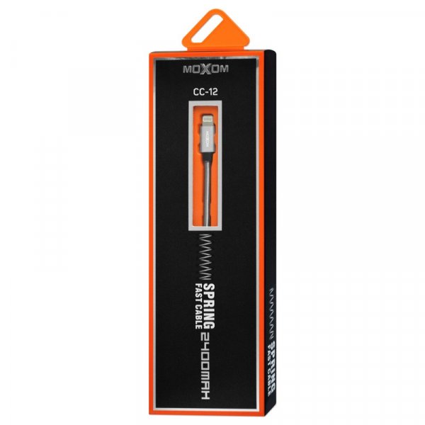 Кабель USB - 8-pin MOXOM CC-12, серебро металл штекер, 1м, круглый чёрный силикон, 2.4 А