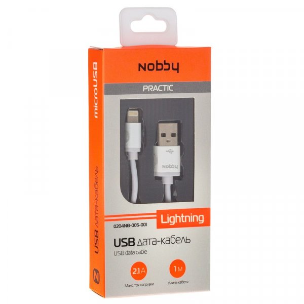 Кабель USB - 8-pin NOBBY Practic DT-005, белый пластик штекер, 1м, круглый белый ПВХ