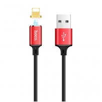 Кабель USB - 8-pin Hoco U28, магнитный, красный металл штекер 1 м, круглый чёрный ПВХ