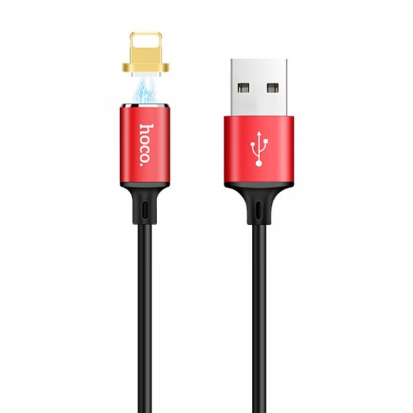 Кабель USB - 8-pin Hoco U28, магнитный, красный металл штекер 1 м, круглый чёрный ПВХ