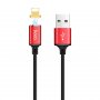 Кабель USB - 8-pin Hoco U28, магнитный, красный металл штекер 1 м, круглый чёрный ПВХ