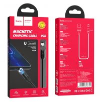 Кабель USB - 8-pin Hoco U76, магнитный, чёрный металл штекер, 1.2 м, круглый чёрный нейлон, 2 A