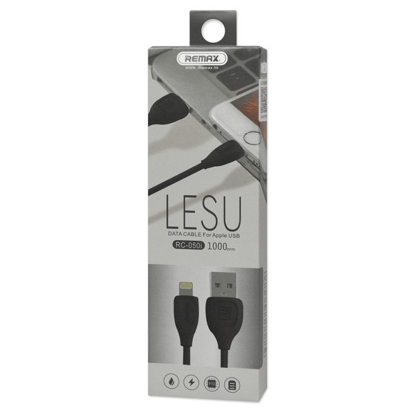 Кабель USB - 8-pin REMAX LESU RC-050i, чёрный пластик штекер, 1м, круглый чёрный ПВХ