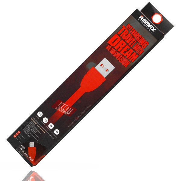 Кабель USB - 8-pin REMAX TRAVEL, красный пластик штекер, 1м, плоский красный ПВХ