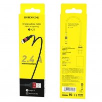 Кабель USB - 8-pin Borofone BX21, красный металл штекер, 1м, круглый чёрный ткань, 2.4 A