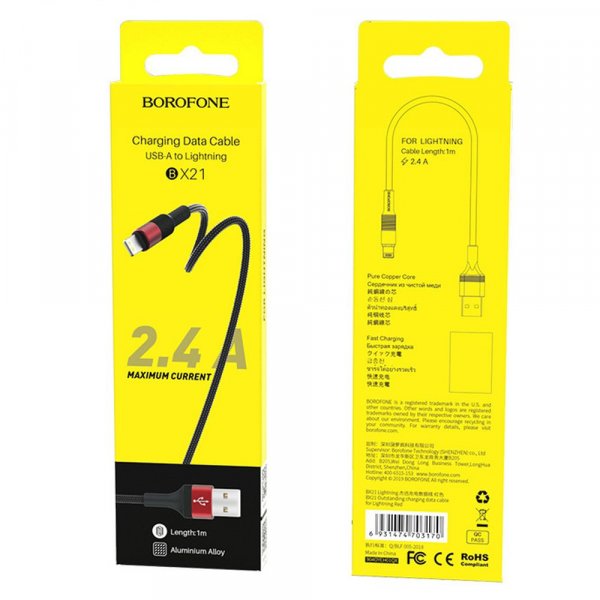 Кабель USB - 8-pin Borofone BX21, красный металл штекер, 1м, круглый чёрный ткань, 2.4 A
