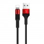 Кабель USB - 8-pin Borofone BX21, красный металл штекер, 1м, круглый чёрный ткань, 2.4 A