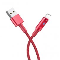 Кабель USB - 8-pin Hoco U47, индикатор, чёрный металл штекер, 1.2 м, круглый чёрный ткань, 2.4 A