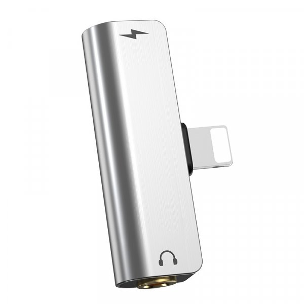 Переходник 8-pin - Jack 3.5 мм + 8-pin (charge), Hoco LS25, серебристый
