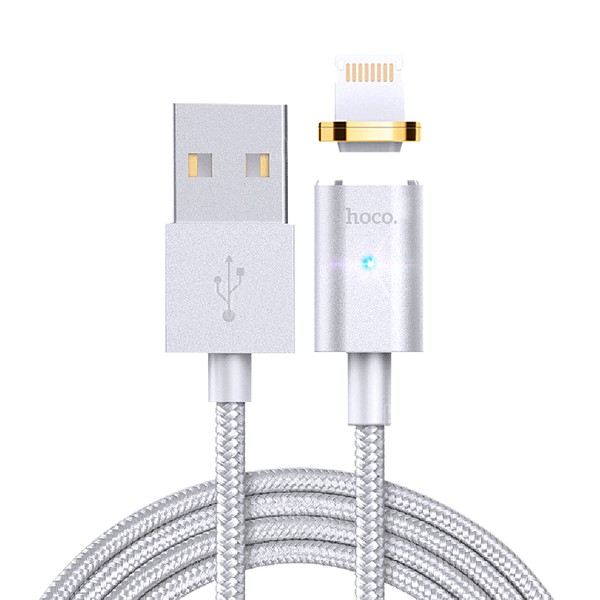 Кабель USB - 8-pin Hoco U16, магнитный, серебро металл штекер, 1.2 м, круглый серебритый ткань