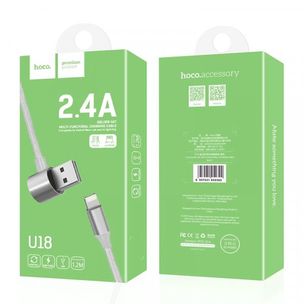 Кабель USB - 8-pin/micro Hoco U18, серебро металл штекер, 1.2 м, двусторонний, круглый белый ПВХ