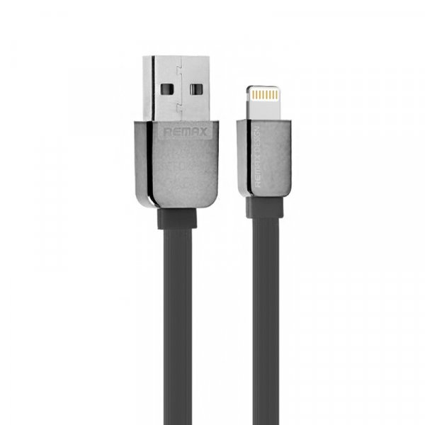 Кабель USB - 8-pin REMAX SAFE-SPEED RC-015i, хром пластик штекер, 1м, плоский чёрный ПВХ