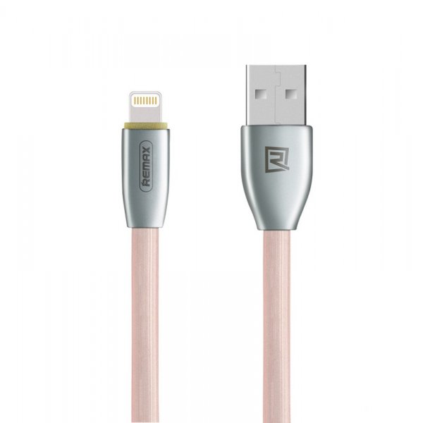 Кабель USB - 8-pin REMAX KNIGHT RC-043i, серебро металл штекер, 1м, плоский розовый ПВХ