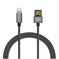 Кабель USB - 8-pin REMAX RC-080i, серый металл штекер, 1м, в чёрной металл. пружинистой оплётке