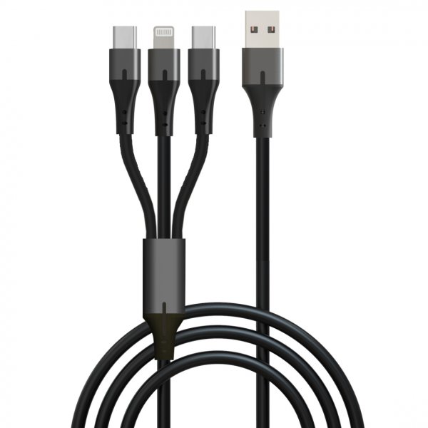 Кабель USB - 8-pin/2xType-C GoPower GP21-3-1, 3-в-1, 1.2м, 2.4A, чёрный ПВХ (200.800)