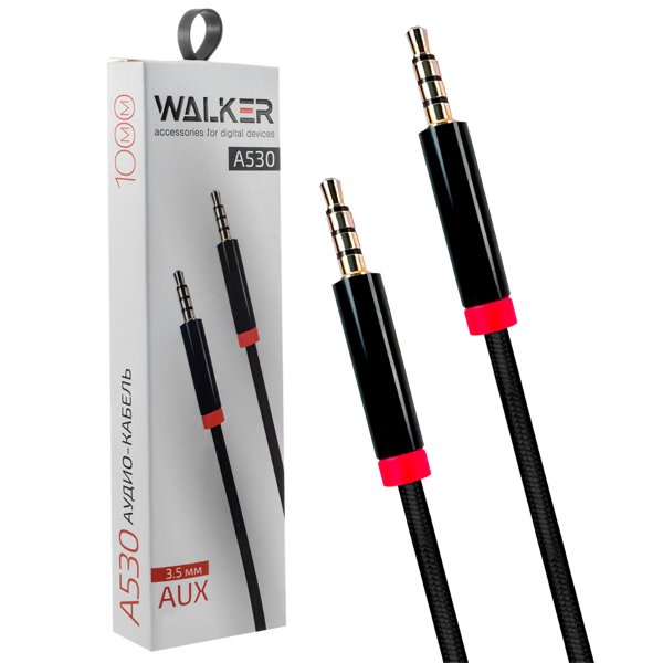 Кабель AUX (3.5x3.5 мм) 4-pin чёрный нейлон, 1м, WALKER WCA-530