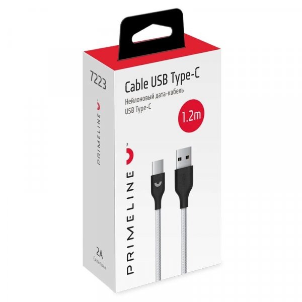Кабель USB - Type-C Prime Line, 1.2 м, нейлон, серебро