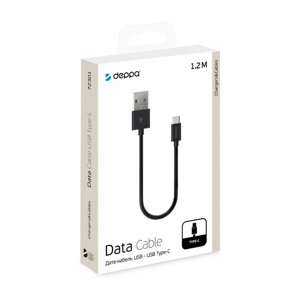 Кабель USB - Type-C Deppa, USB 2.0, 2.4 A, 1.2 м, чёрный