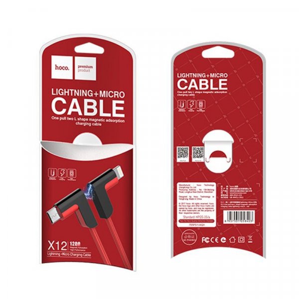 Кабель USB - 8-pin/micro-USB чёрн/красн. пластик штекер угловой, 1.2 м, круглый красн силикон Hoco X12