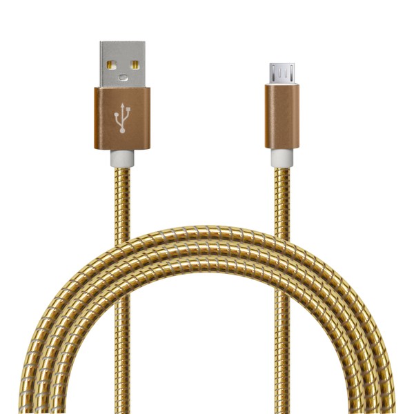 Кабель USB - micro-USB золотой металл штекер, 1м, круглый золотистая металлическая оплётка