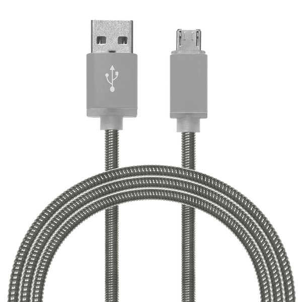Кабель USB - micro-USB серебро металл штекер, 1м, круглый пружинистая металлическая оплётка