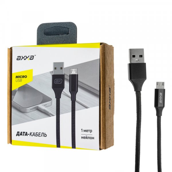 Кабель USB - micro-USB круглый черный нейлон, 1м, 2А, Axxa