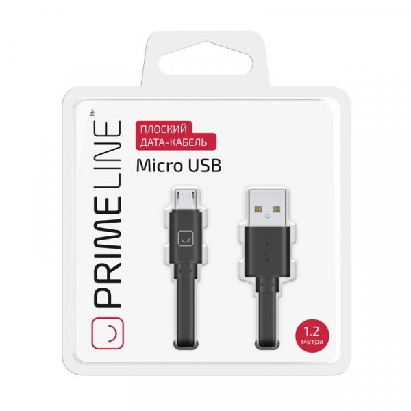 Кабель USB - micro-USB Prime Line, 1.2м, плоский, чёрный