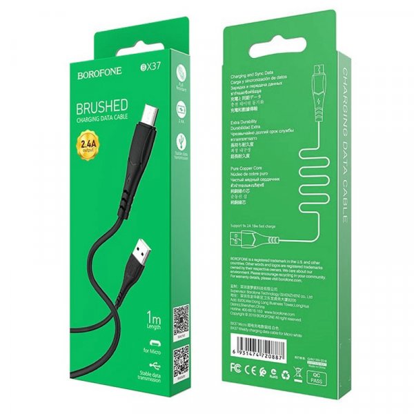 Кабель USB - micro-USB Borofone BX37, чёрный пластик штекер, 1м, круглый чёрный ПВХ