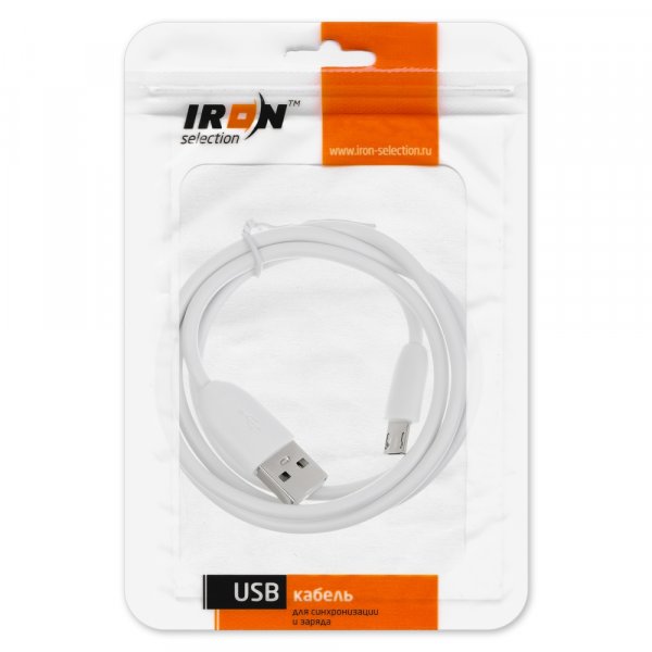 Кабель USB - micro-USB IRON Selection SR-008m, белый пластик штекер, 1м, круглый белый ПВХ, 1A (в пакете)