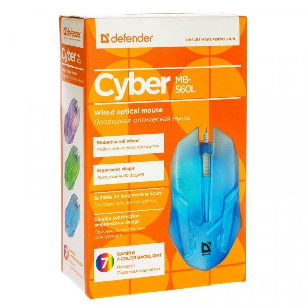 Мышь проводная игровая Defender Сyber MB-560L 7цветов,3кнопки, 1200 dpi, белый