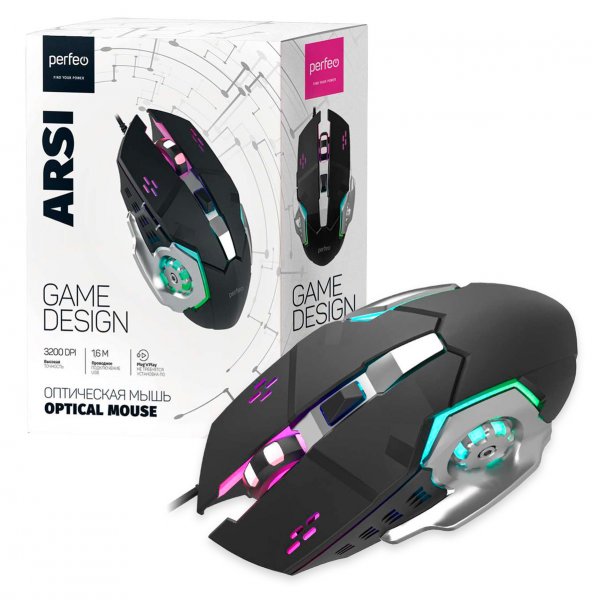 Мышь проводная Perfeo ARSI оптическая, 6 кн., USB, Game Design, 3200 dpi, 6 цв. LED подсветка