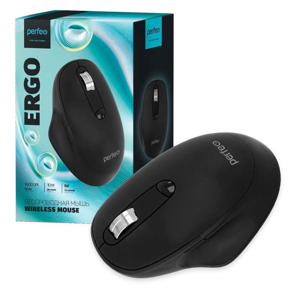 Мышь беспроводная Perfeo ERGO, оптич., 6 кн, USB, 800-1600 dpi, чёрная