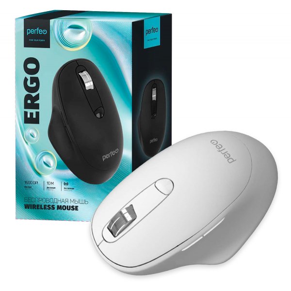 Мышь беспроводная Perfeo ERGO, оптич., 6 кн, USB, 800-1600 dpi, белая