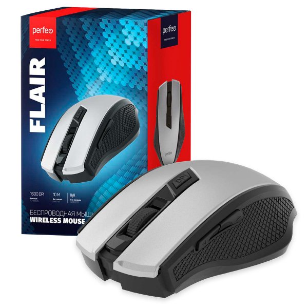 Мышь беспроводная Perfeo FLAIR, оптич., 6 кн, USB, 800-1600 dpi, серебристая