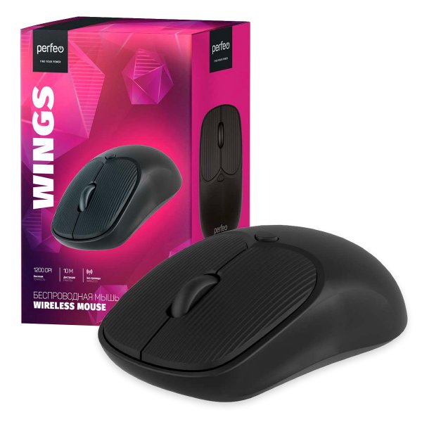 Мышь беспроводная Perfeo WINGS, оптич., 4 кн, USB, 800-1200 dpi, чёрная