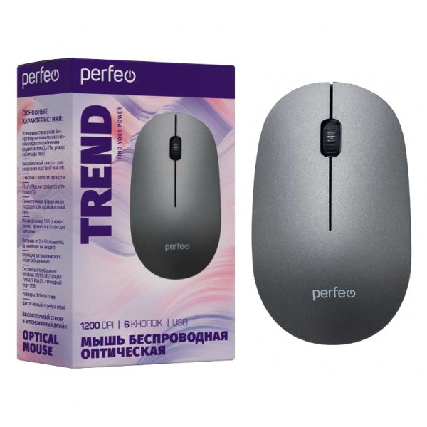 Мышь беспроводная Perfeo TREND, оптич., 3 кн, USB, 1200 dpi, серая