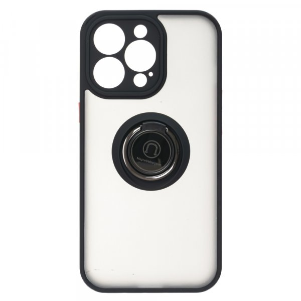 iPhone 13 Pro (6.1") Бампер чехол пластиковый матовый, с защитой камеры, магнит, кольцо, ободок, чёрный