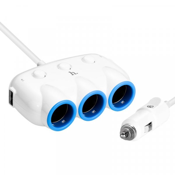 Разветвитель прикуривателя Hoco C1 (3 выхода + 2 USB) белый