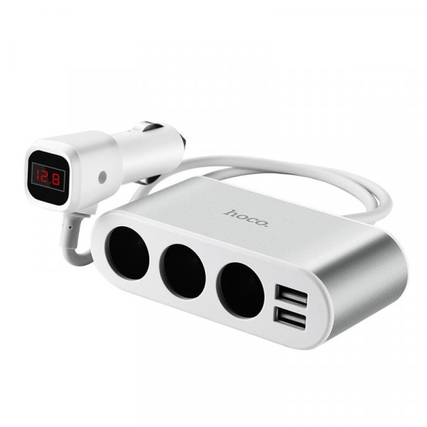 Разветвитель прикуривателя Hoco Z13, (3+2 USB) 2.1А с дисплеем, серебристый