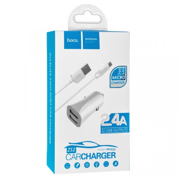 АЗУ USBx2 + кабель micro-USB, 2.4A, Hoco Z12, белый