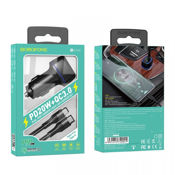 АЗУ Type-C + USB + кабель Type-C - Type-C, PD20W, QC3.0, Borofone BZ14A, чёрный