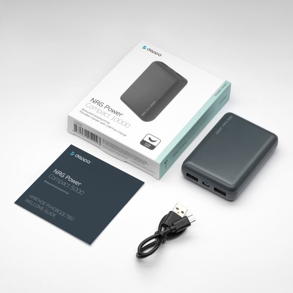 Внешний АКБ 10000 мАч, NRG Power Compact, 2.1A, 2xUSB, Deppa, серый