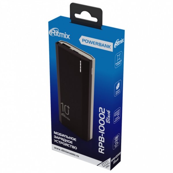 Внешний АКБ 10000 мАч Ritmix RPB-10002, USB 5В 2.1А, Type-C, Li-Pol, чёрный