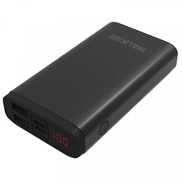 Внешний АКБ 10000 мАч WALKER WB-710QC, 2 USB, QC3.0, 18Bт, Li-Pol, Type-C, дисплей, металл, чёрный