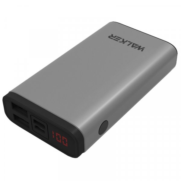 Внешний АКБ 10000 мАч WALKER WB-710QC, 2 USB, QC3.0, 18Bт, Li-Pol, Type-C, дисплей, металл, серый