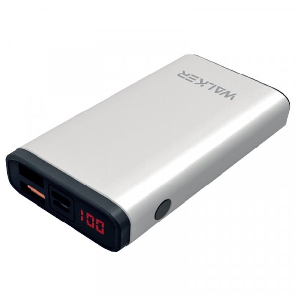 Внешний АКБ 10000 мАч WALKER WB-710QC, 2 USB, QC3.0, 18Bт, Li-Pol, Type-C, дисплей, металл, серебр