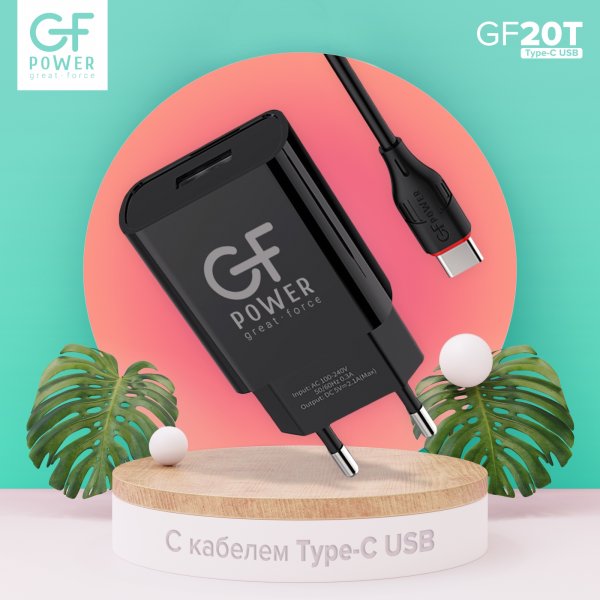 СЗУ USB + кабель Type-C, 2.1A, GFPoWeR GF20T, чёрный (48/192)