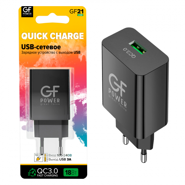 СЗУ USB, 3A, QC3.0, GFPoWeR GF21, чёрный (83/332)