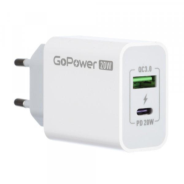 СЗУ Type-C + USB, PD20W, QC3.0, PD3.0, GoPower GPQC08, белый